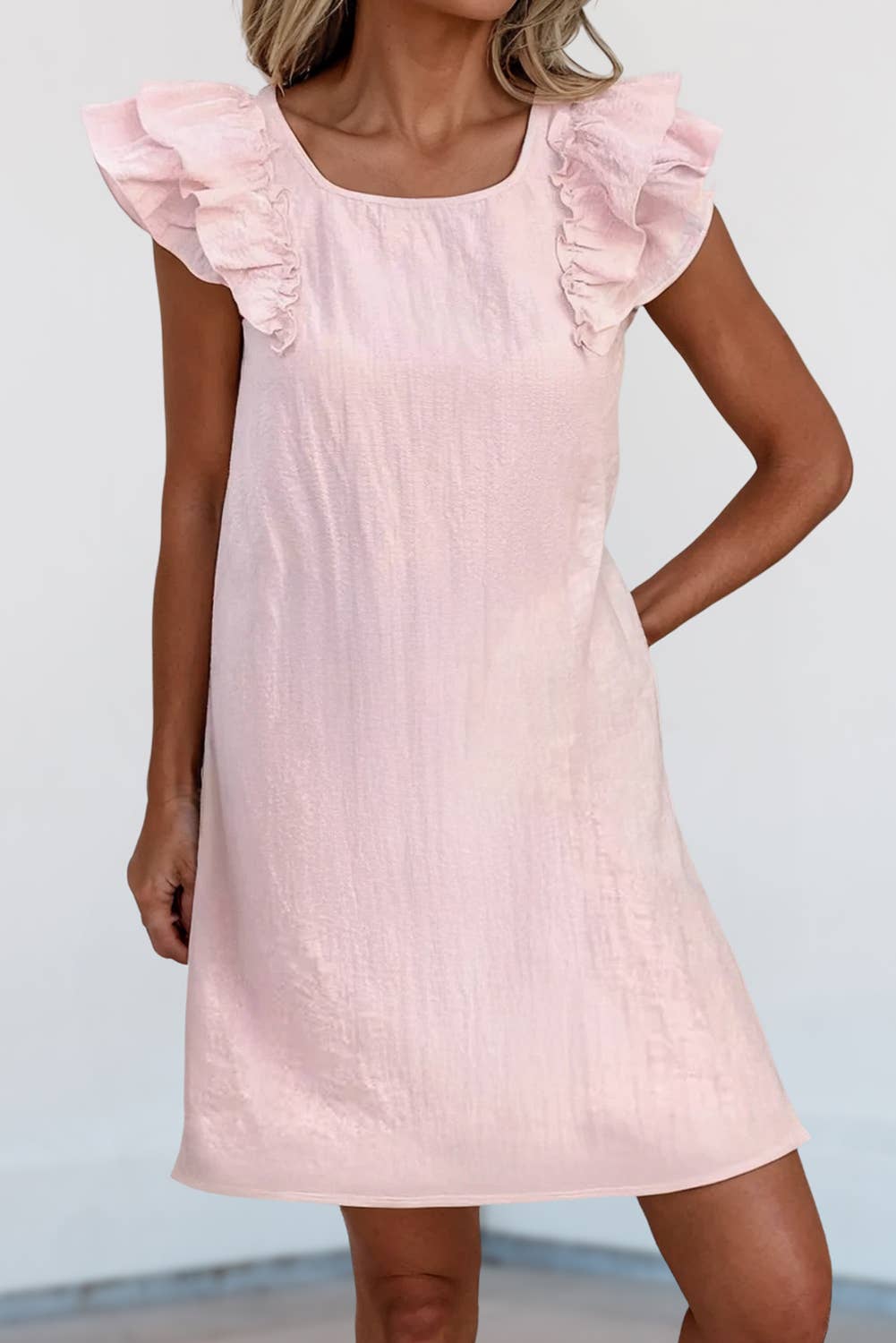 Pink Bow Back Ruffle Dress with Pockets