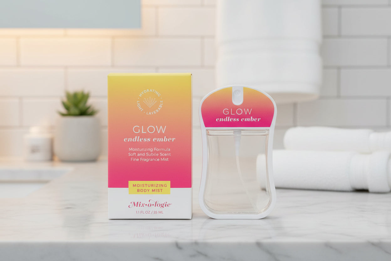 Mixologie Glow Moisturizing Body Mist bottle — warm citrus ember amber body fragrance spray 35mL