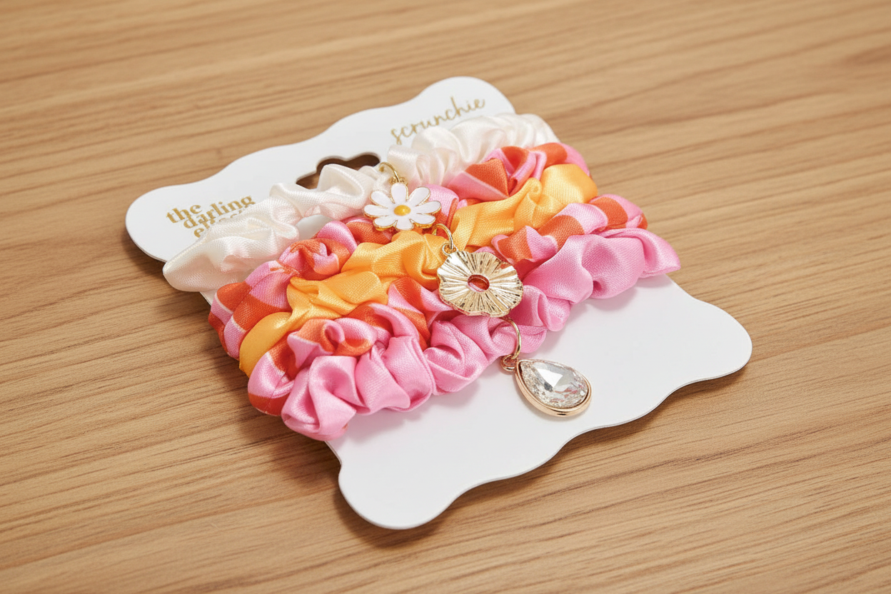Set of colorful scrunchies and hair ties on a white card with 'Lillian' branding, on a wooden surface.