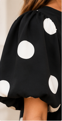 A woman modeling a black blouse with large white polka dots and wide short sleeves, paired with blue jeans, shown in a collage of multiple views including front, back, and close-ups.