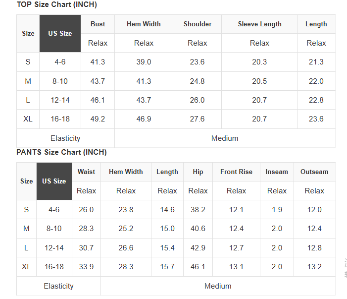 Size chart for tops and pants with measurements in inches.