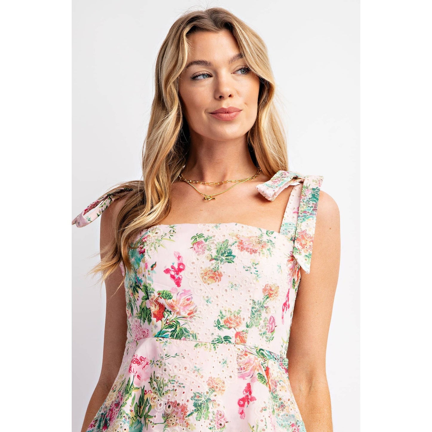 Floral Print Eyelet Tiered Mini Dress