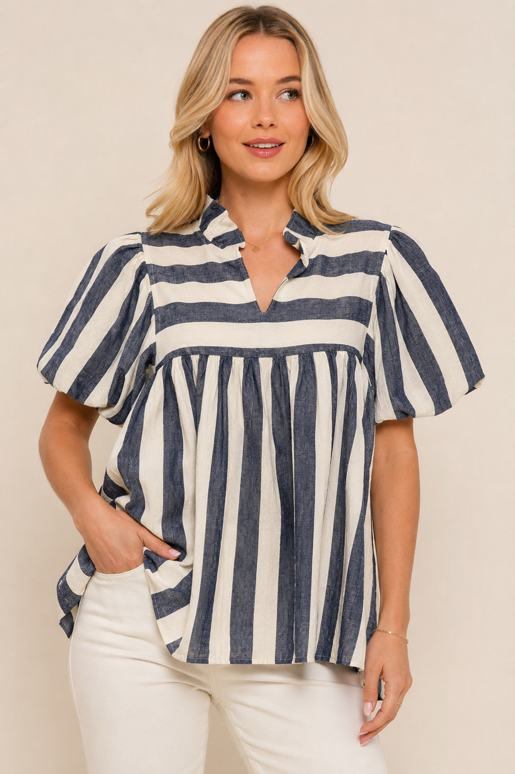 Haptics Navy Stripe Puff Sleeve Blouse