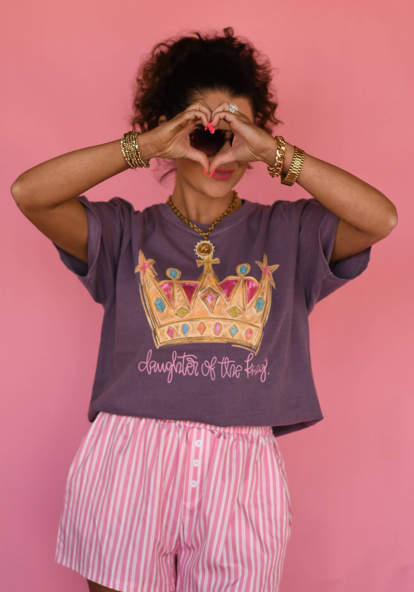 Daughter of the King tee worn styling - bold crown design on berry Comfort Colors Christian boutique tee
