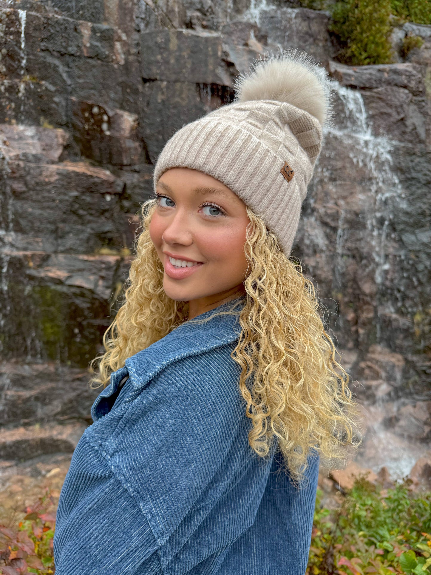 Woven Checkered Texture Pom C.C Beanie
