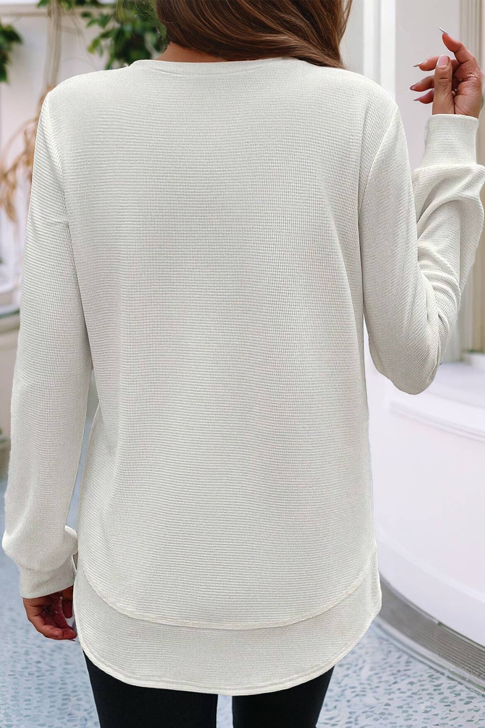 White Waffle Long Sleeve Top