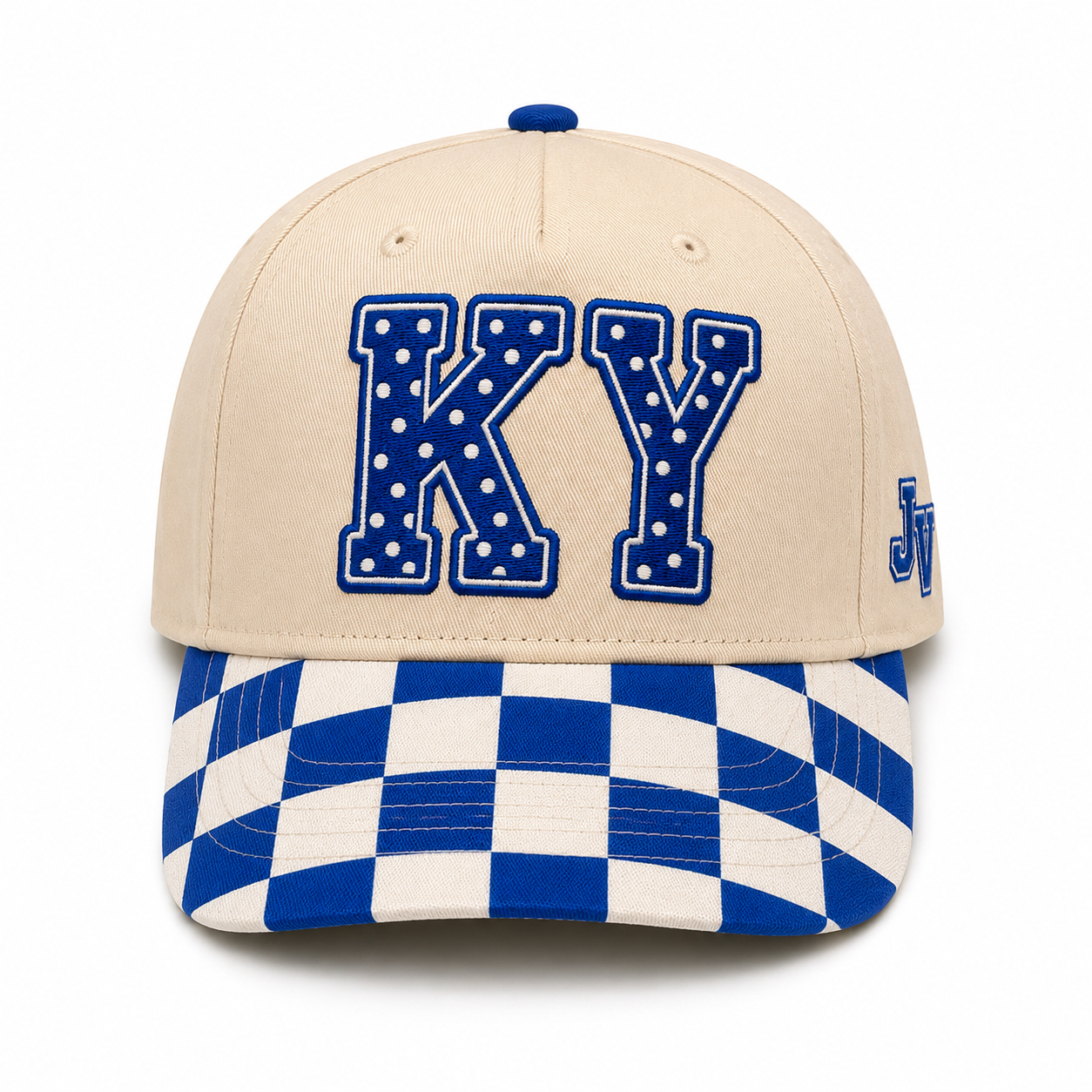 A beige baseball cap with blue and white checkered detailing on the brim and a blue dotted 'KY' letter patch on the front, shown against a plain white background.