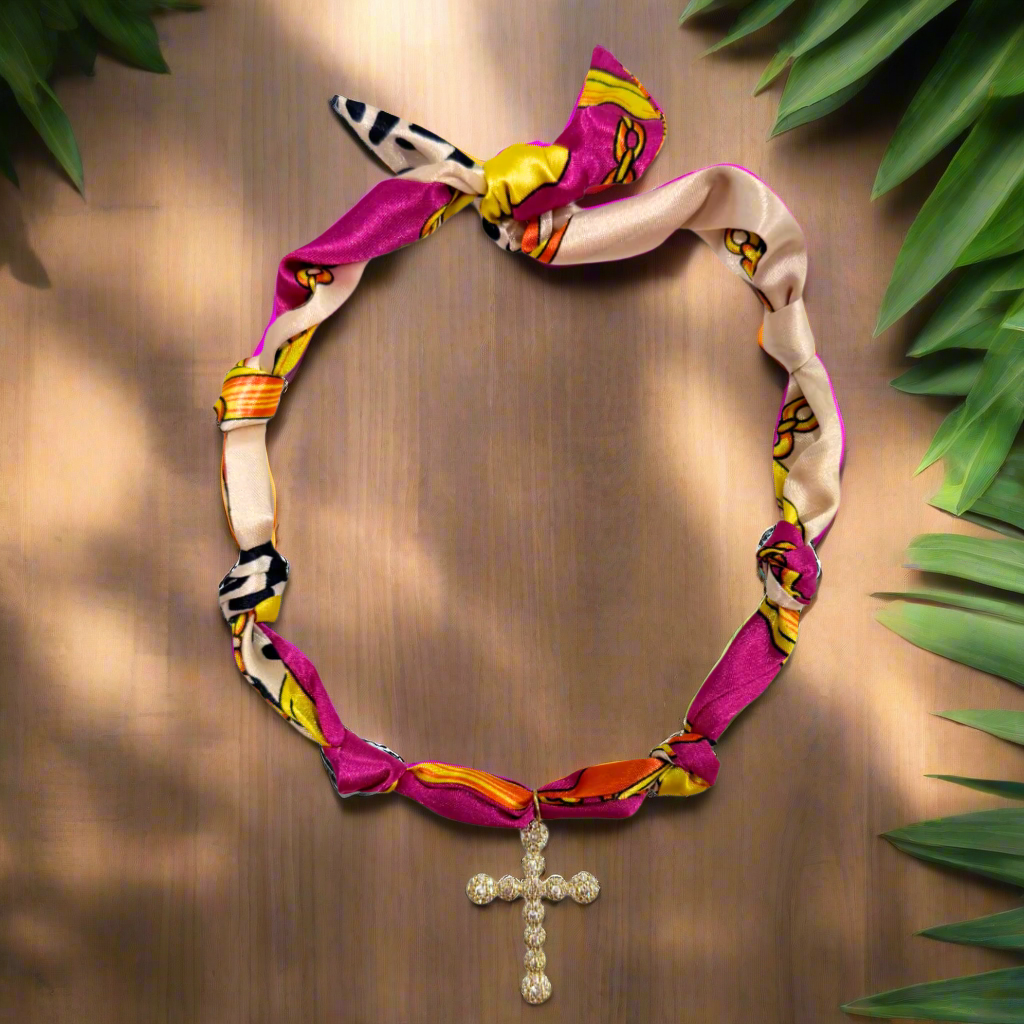 Pink Cross Spotted Scarf Bandana Necklace