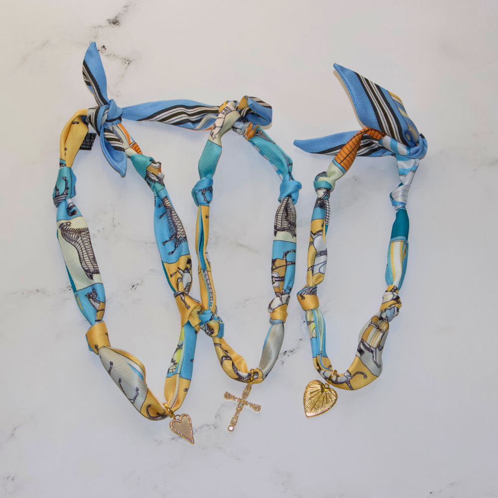 Blue Horse Pattern Cross Charm Scarf Necklace