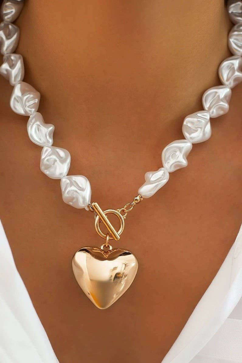 Pearl Beaded Heart Charm Necklace