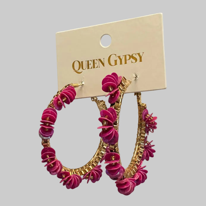 Magenta Floral Burst Hoop Earrings