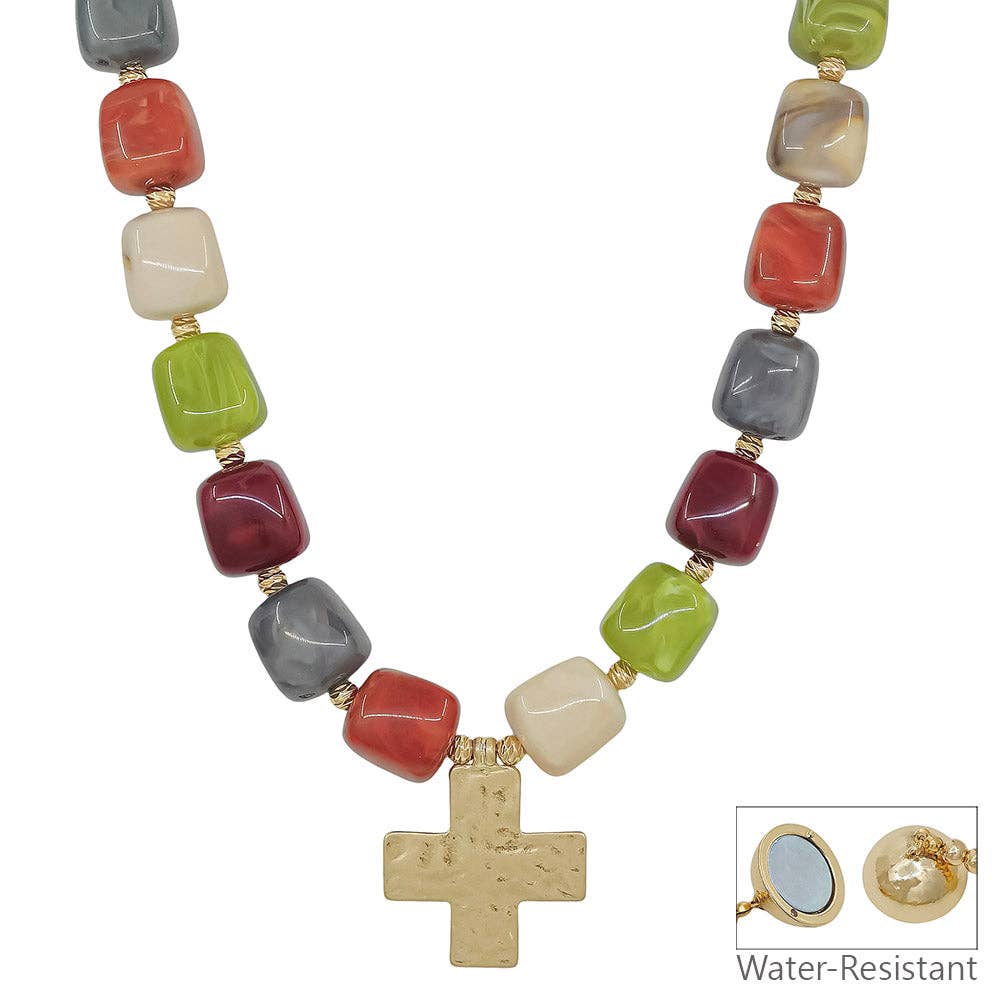 Multicolor Resin Beaded Cross Necklace