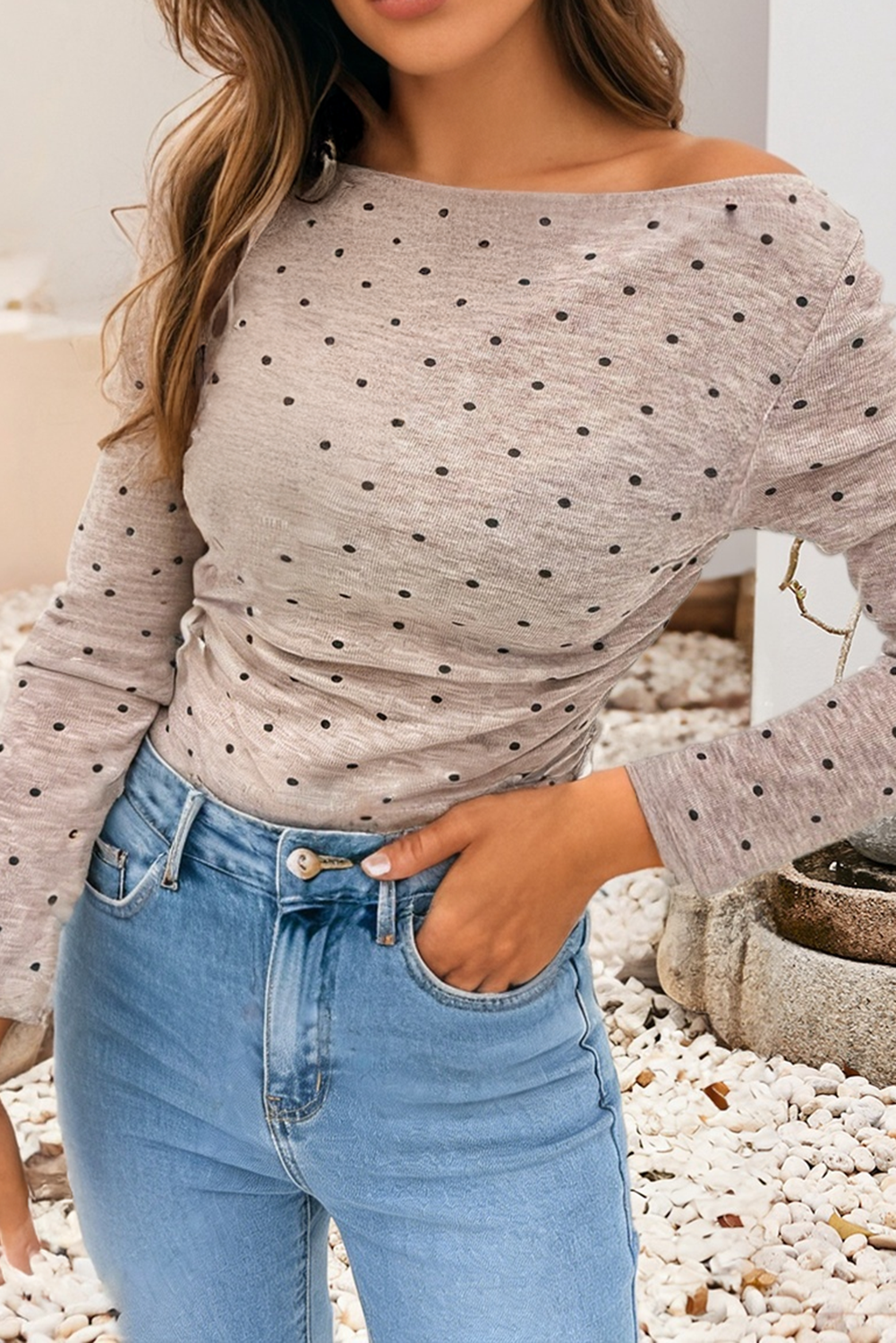 トップス draw drawers / Dots Boat Neck Long Tee Polka Dot Boat Neck Top | Long Sleeve Boutique Knit Shirt – Duncan
