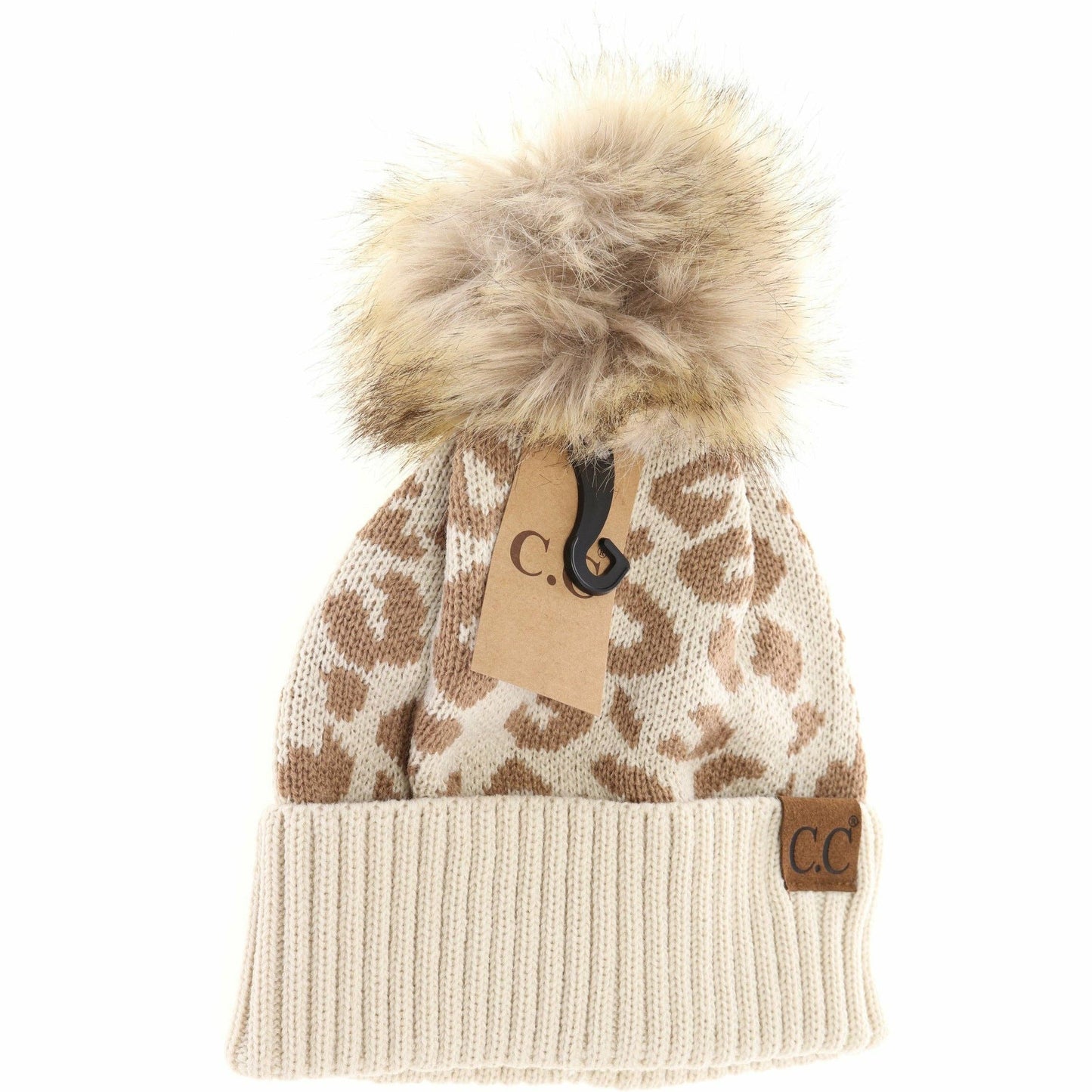 C.C Leopard Pattern Fur Pom Beanie