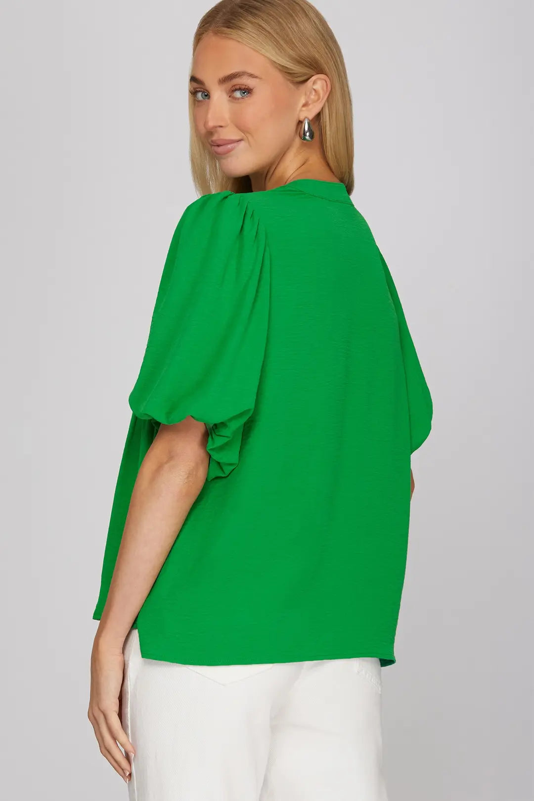 Green Puff Sleeve Top with Tie Neck Detail