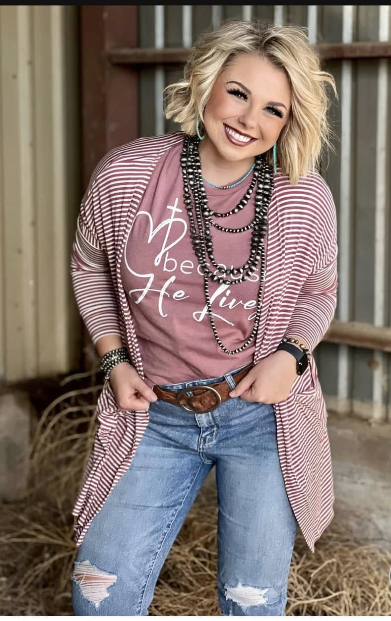 Mauve Striped Mid-Length Cardigan