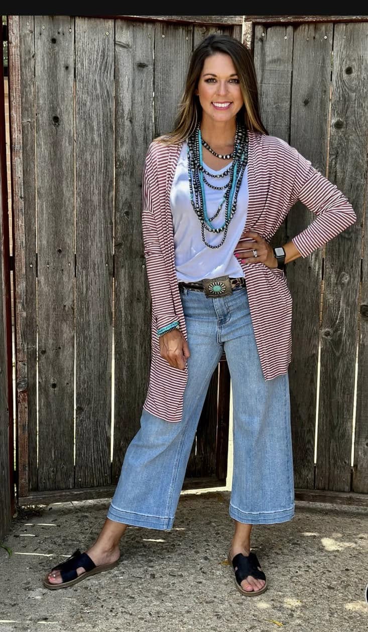 Mauve Striped Mid-Length Cardigan