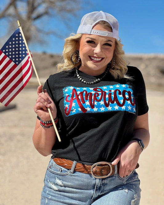 America on Stars in Red Metallic Puff Tee