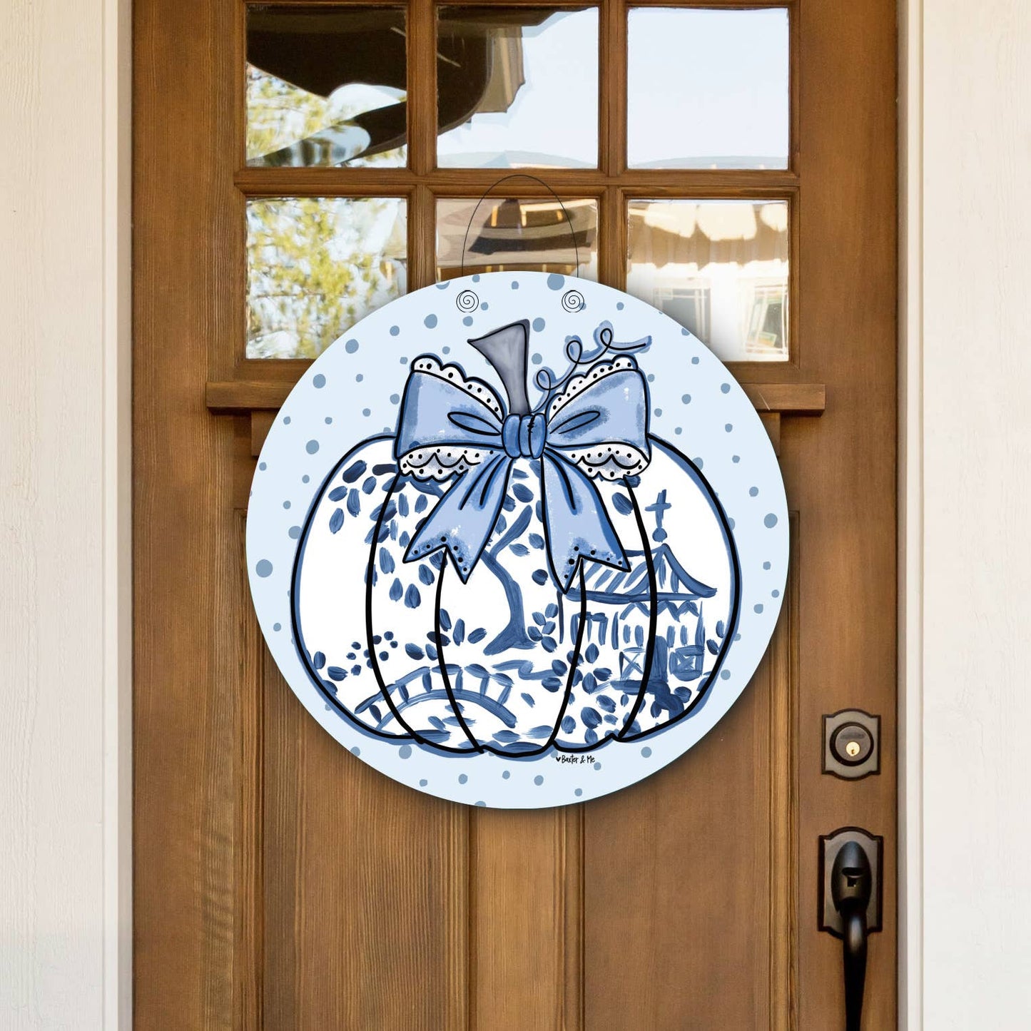 Blue Willow Bow Pumpkin Door Hanger