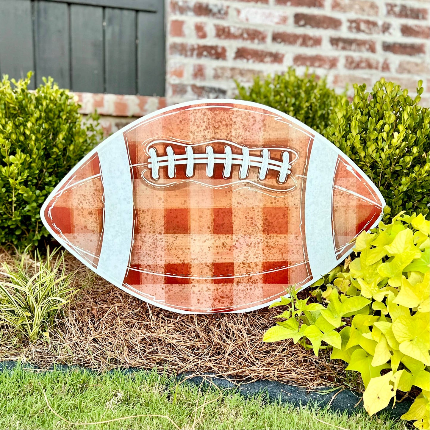 Brown Gingham Football Garden Stake