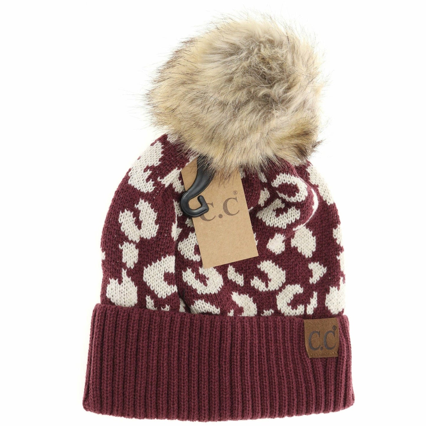 C.C Leopard Pattern Fur Pom Beanie