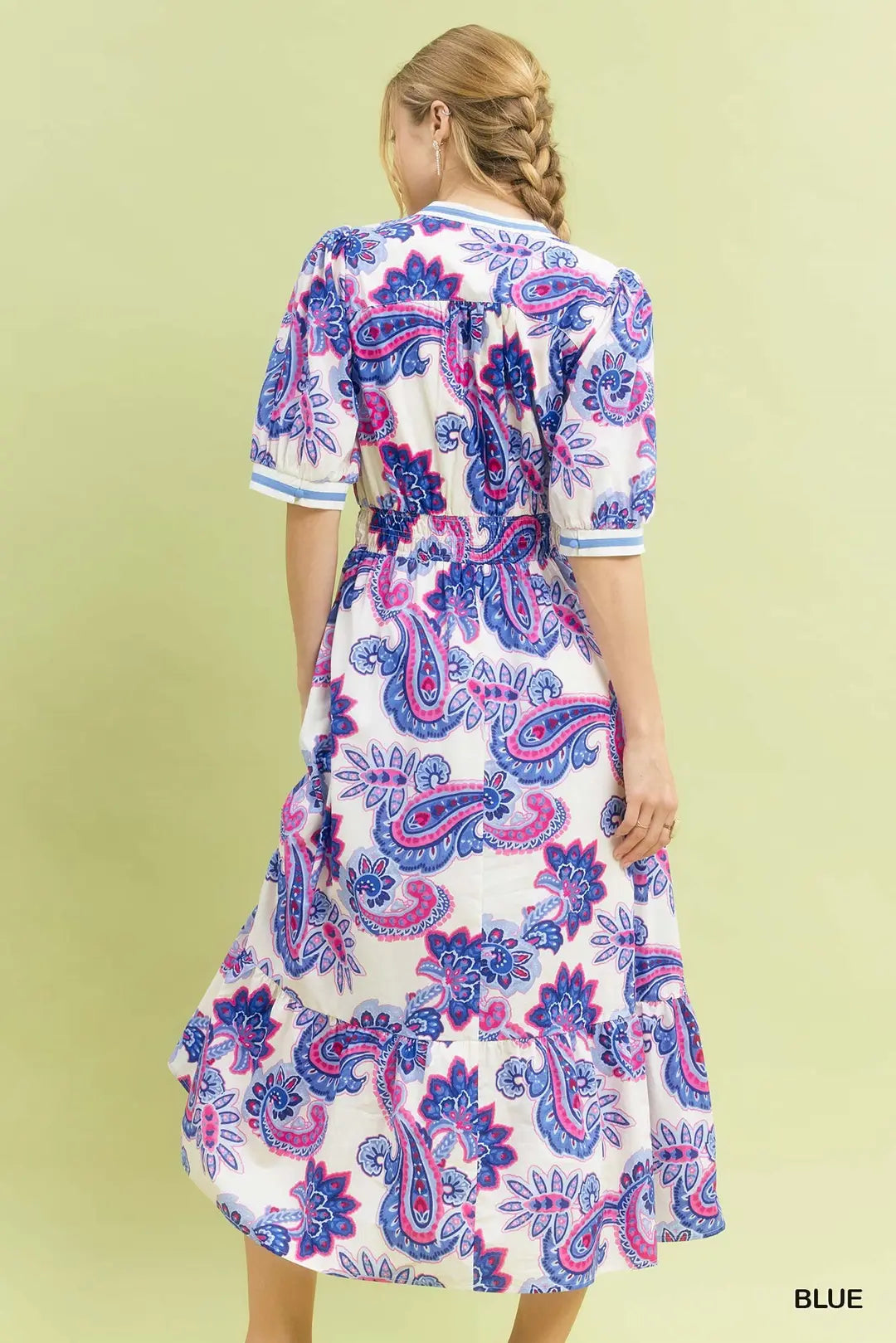 Umgee Blue Paisley Smocked Waist Midi Dress