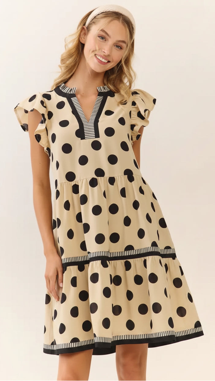 Oddi Cream & Black Polka Dot Tiered Flutter Sleeve Dress Small