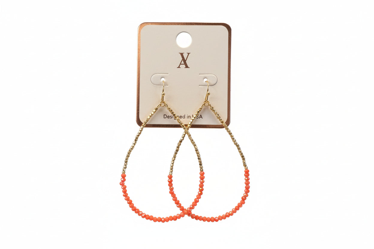 Beaded Gold Teardrop Earrings in coral, product view