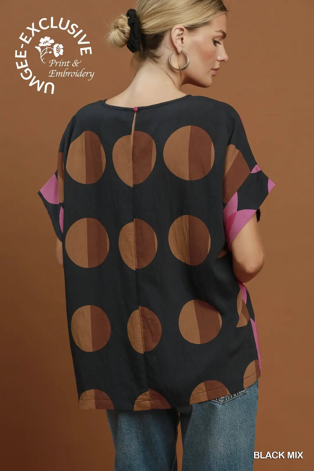 Black & Pink Geometric Circle Dolman Top