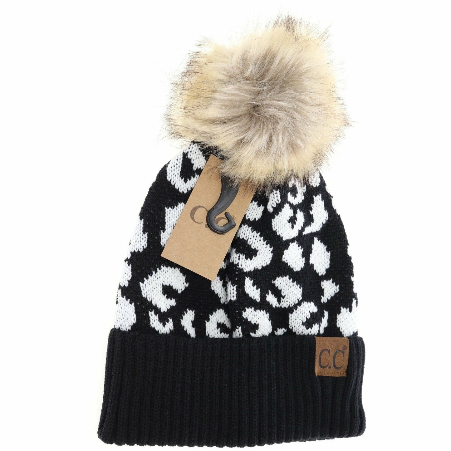 C.C Leopard Pattern Fur Pom Beanie