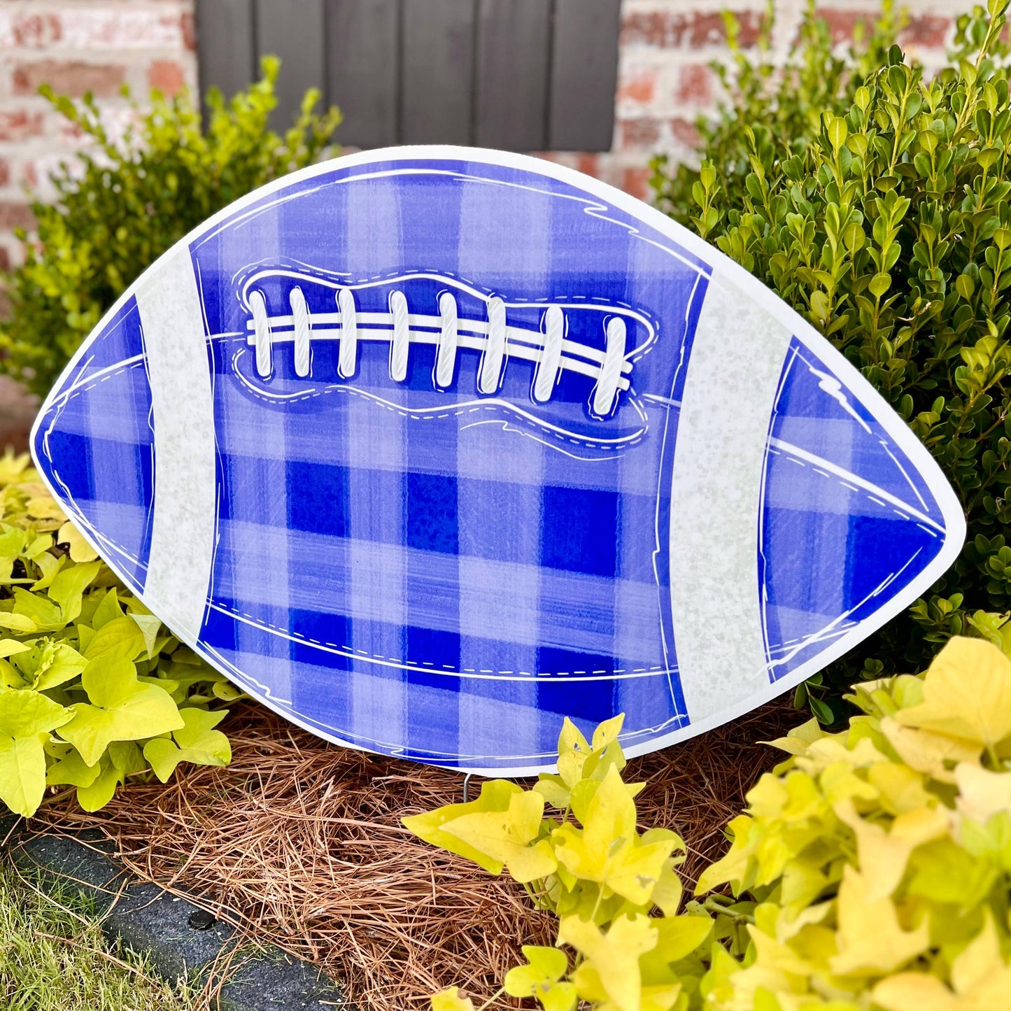 Blue Gingham Football Garden Stake