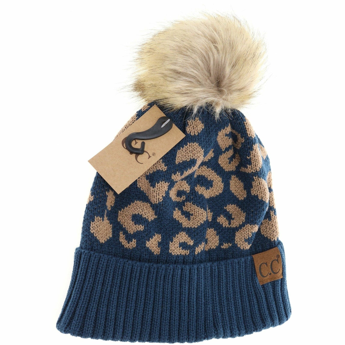 C.C Leopard Pattern Fur Pom Beanie