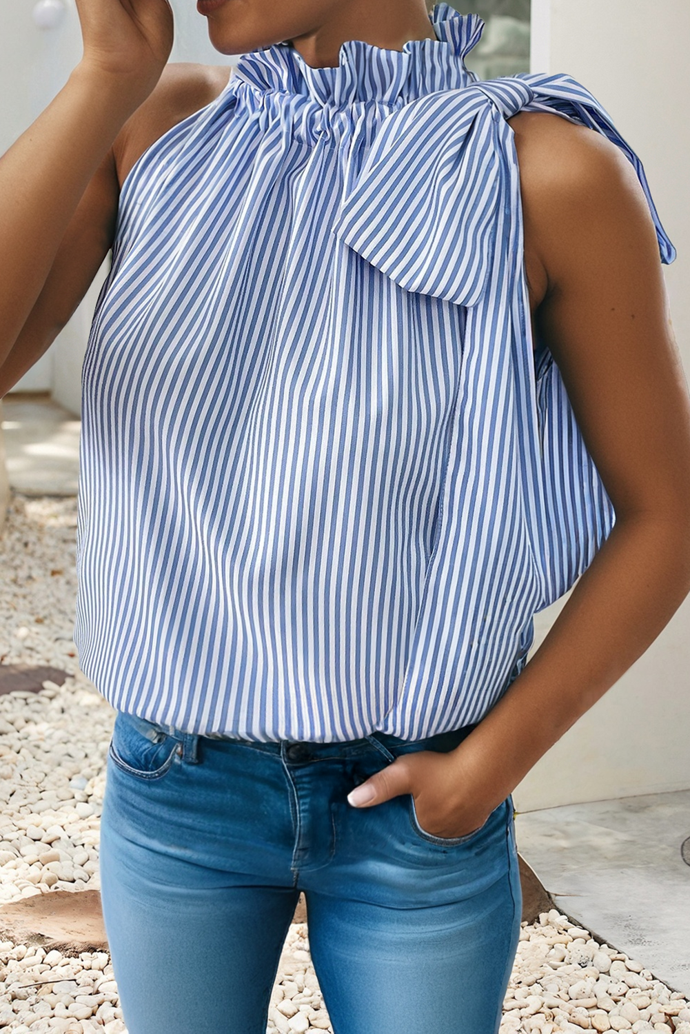 Sky Blue Sleeveless Knot Front Blouse