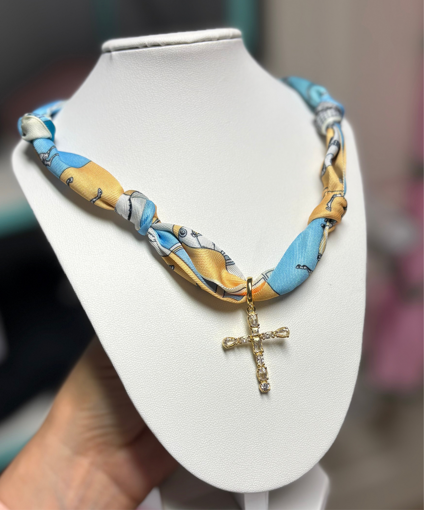 Blue Horse Pattern Cross Charm Scarf Necklace