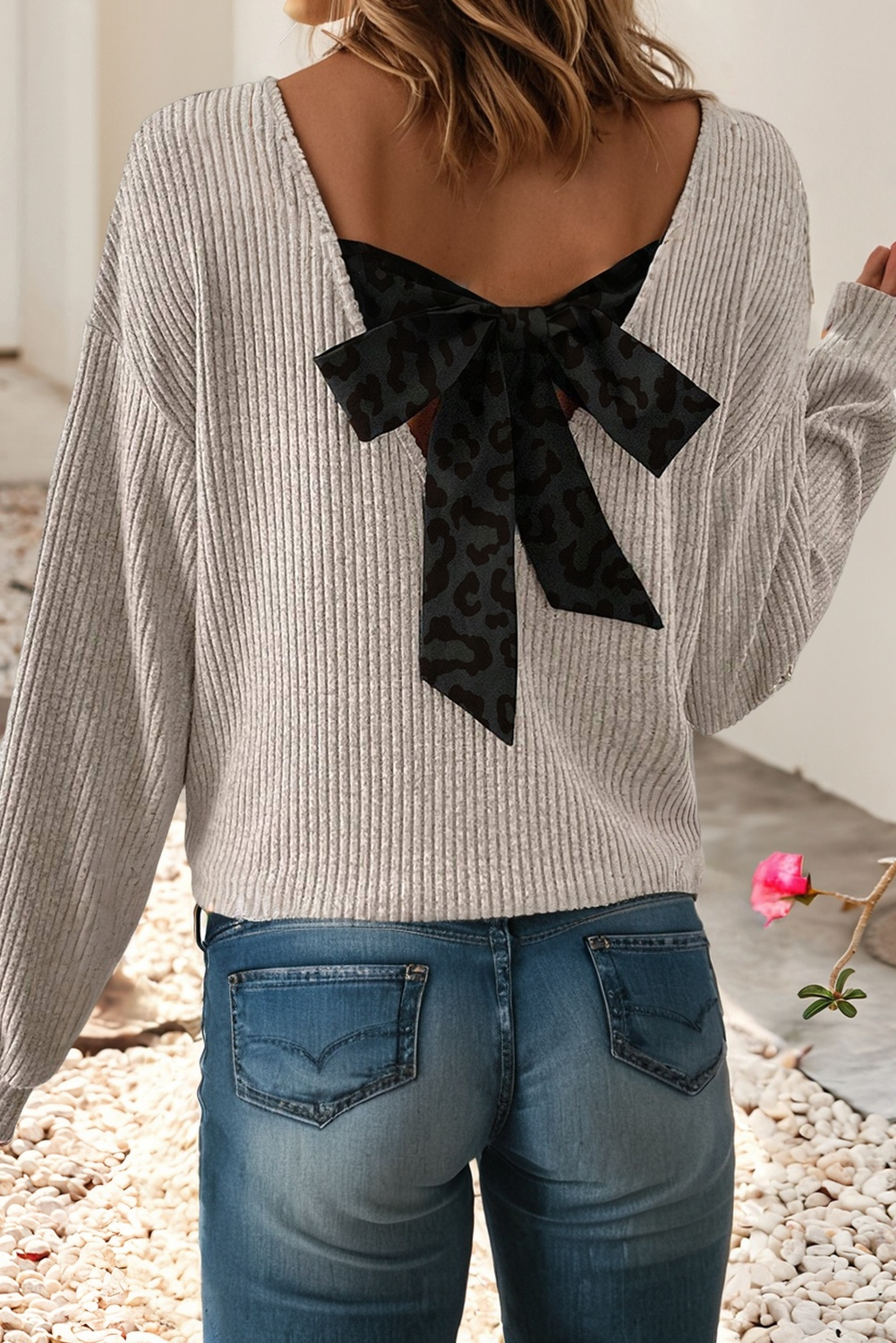 Leopard-Print Back Bow Tie Pullover