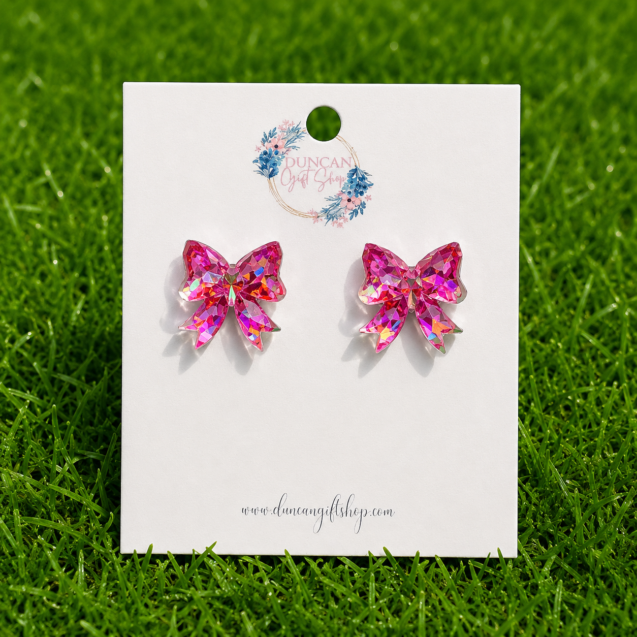 Iridescent Pink Glitter Bow Stud Earrings
