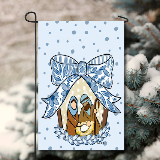 Blue Ribbon Bow Nativity Garden Flag