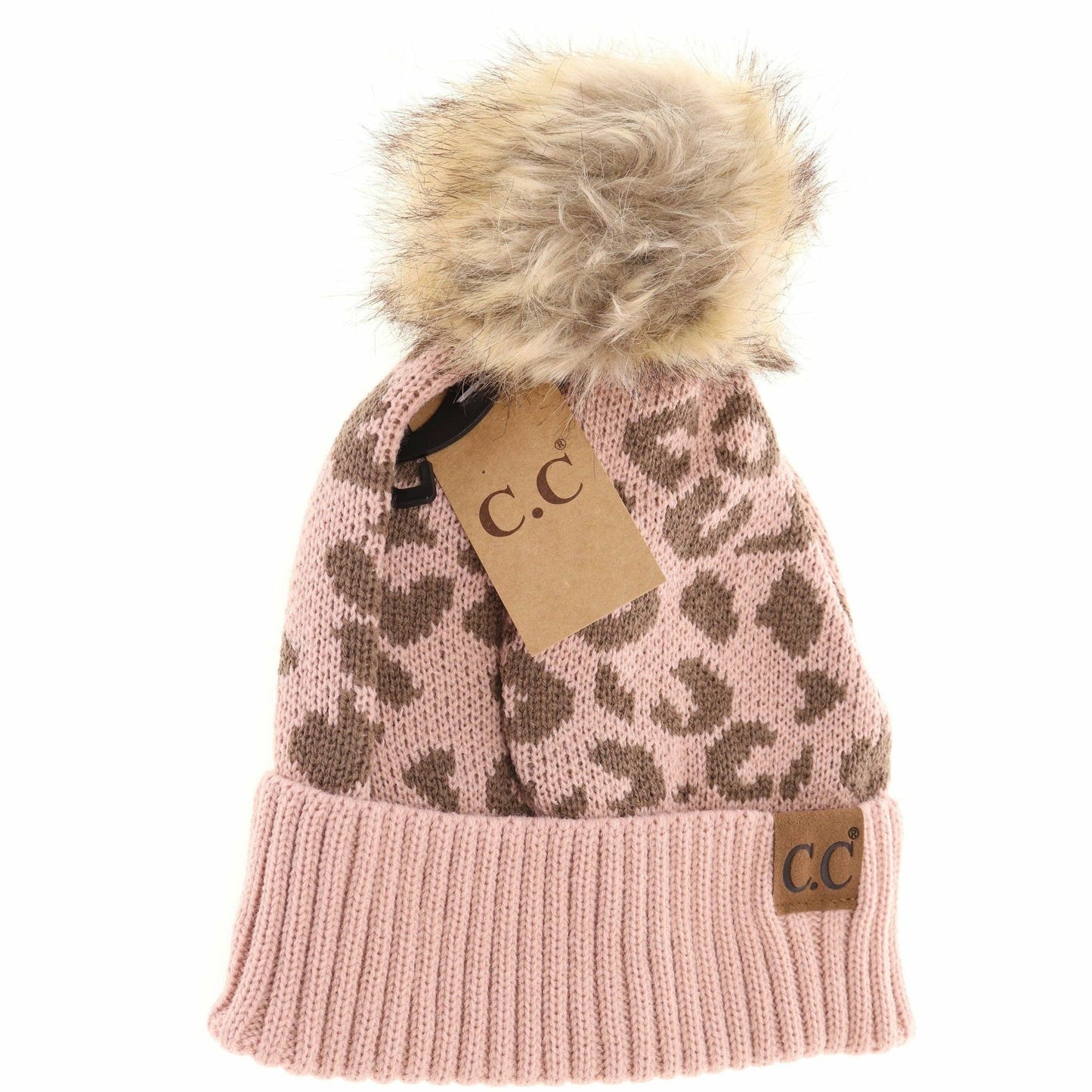 C.C Leopard Pattern Fur Pom Beanie