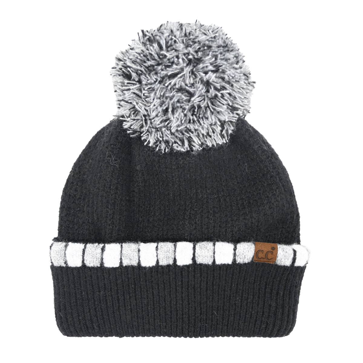 C.C Neutral Horizontal Stripe Cuffed Pom Beanie