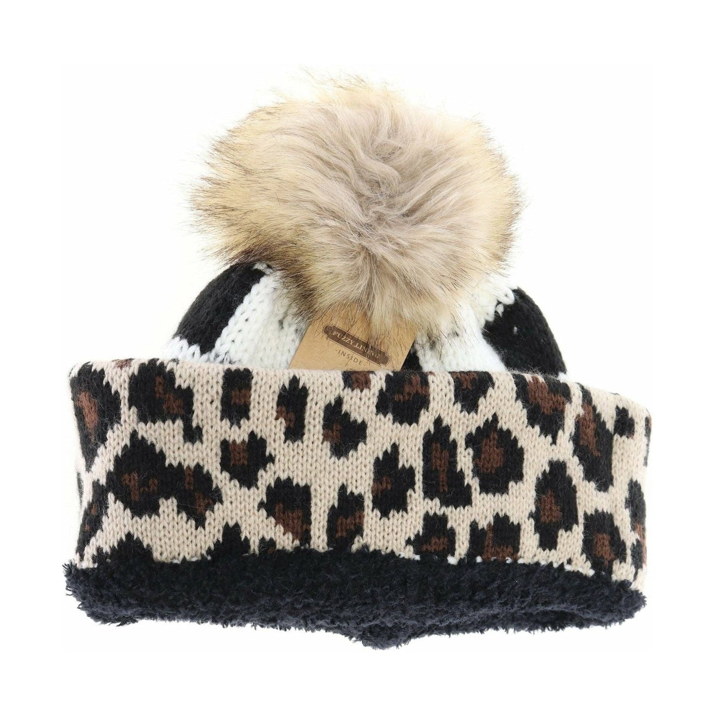 C.C Leopard/Buffalo Mixed Print Fur Pom C.C Beanie