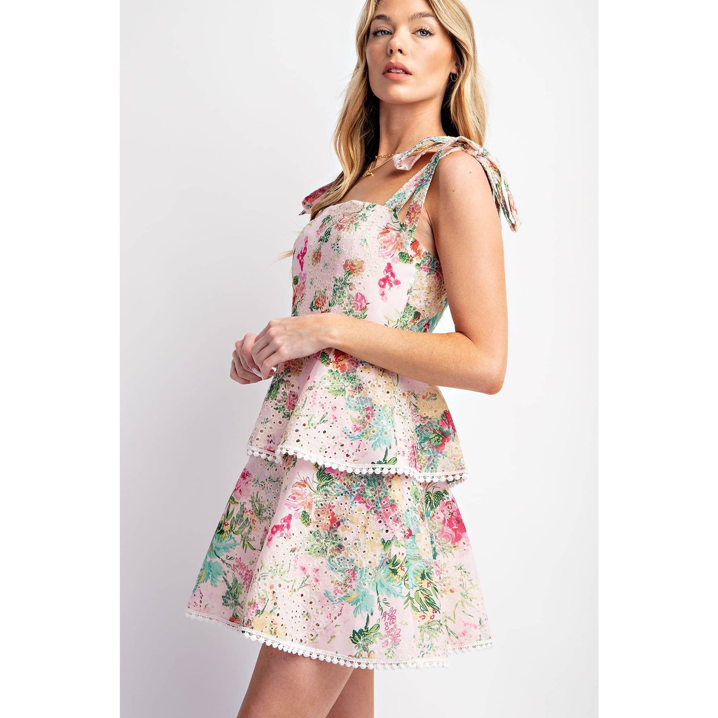 Floral Print Eyelet Tiered Mini Dress