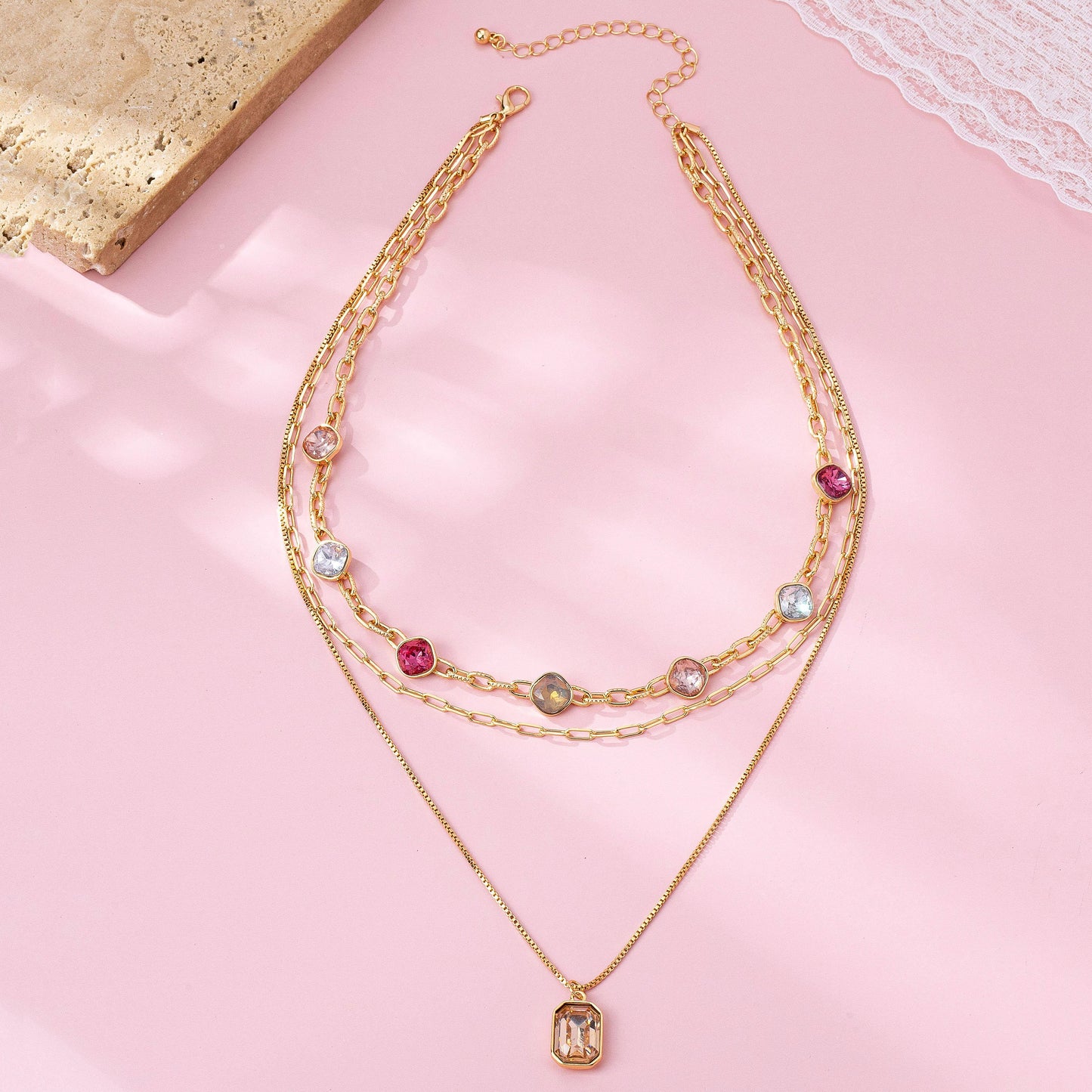 Gold Multi-Layer Oval Stone Necklace