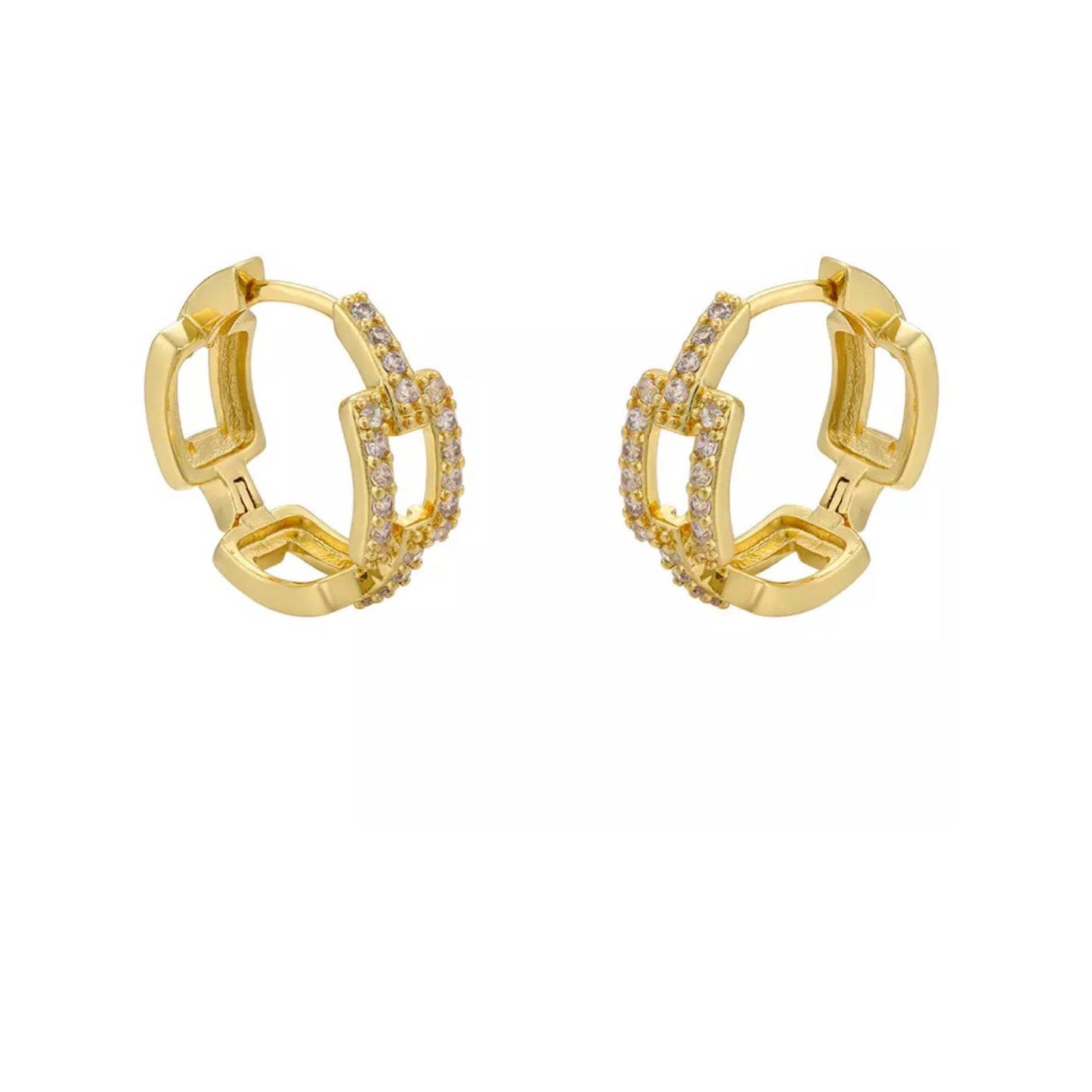 Gold hoop earrings with embedded stones on a white background