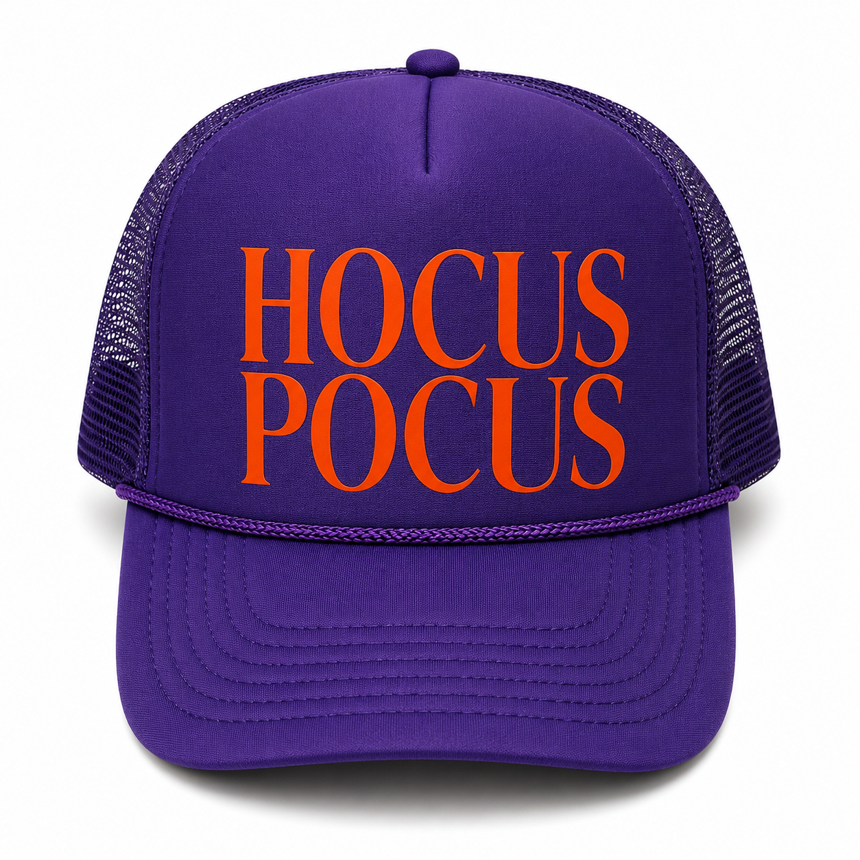 A purple trucker hat with orange text reading 'HOCUS POCUS' on the front, shown against a plain white background.