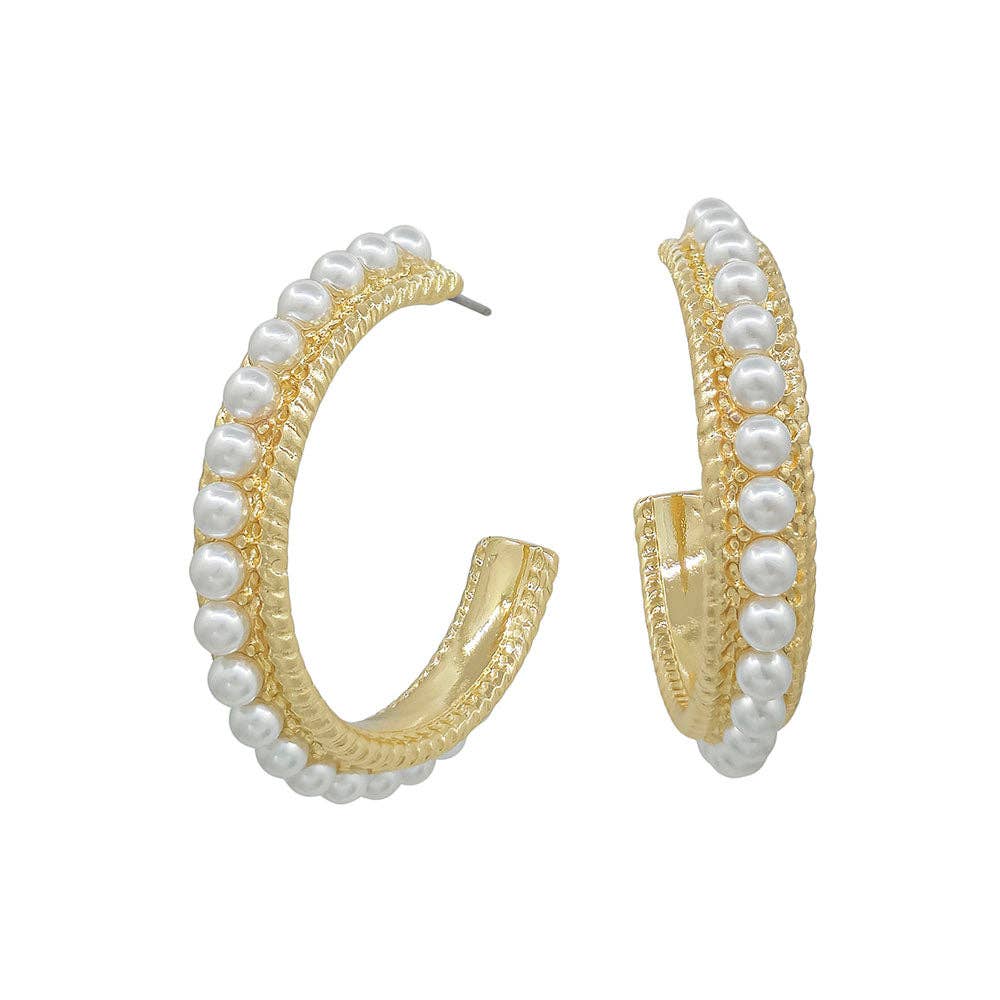 Gold Textured 1" Hoop with Pearl Accents