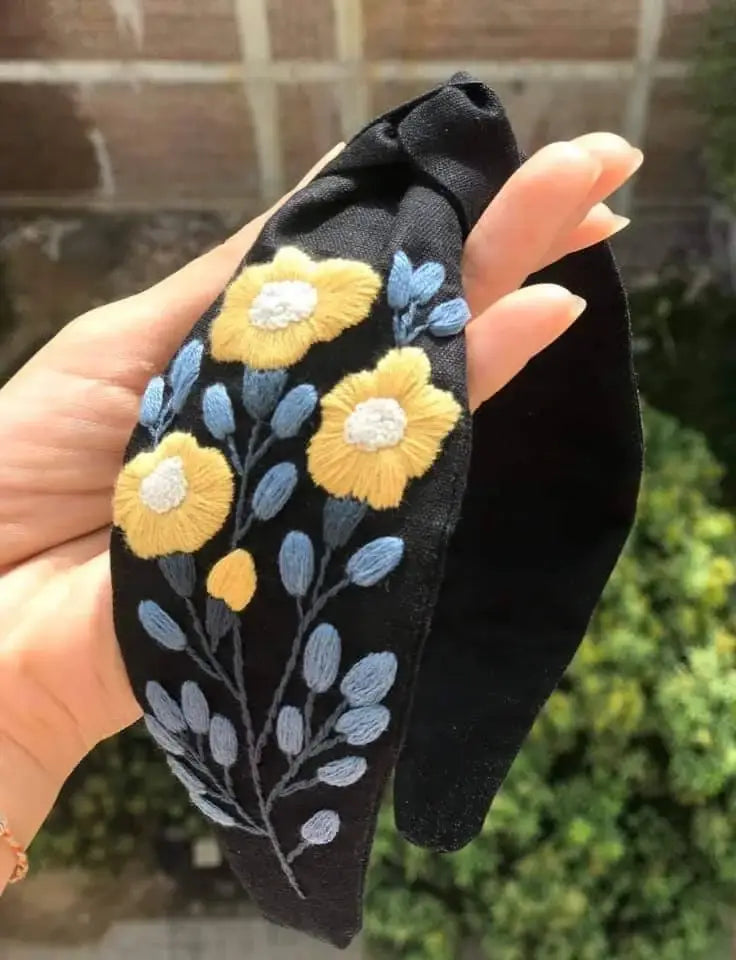 Floral Embroidered Linen Knot Headband- Sohpia Collction