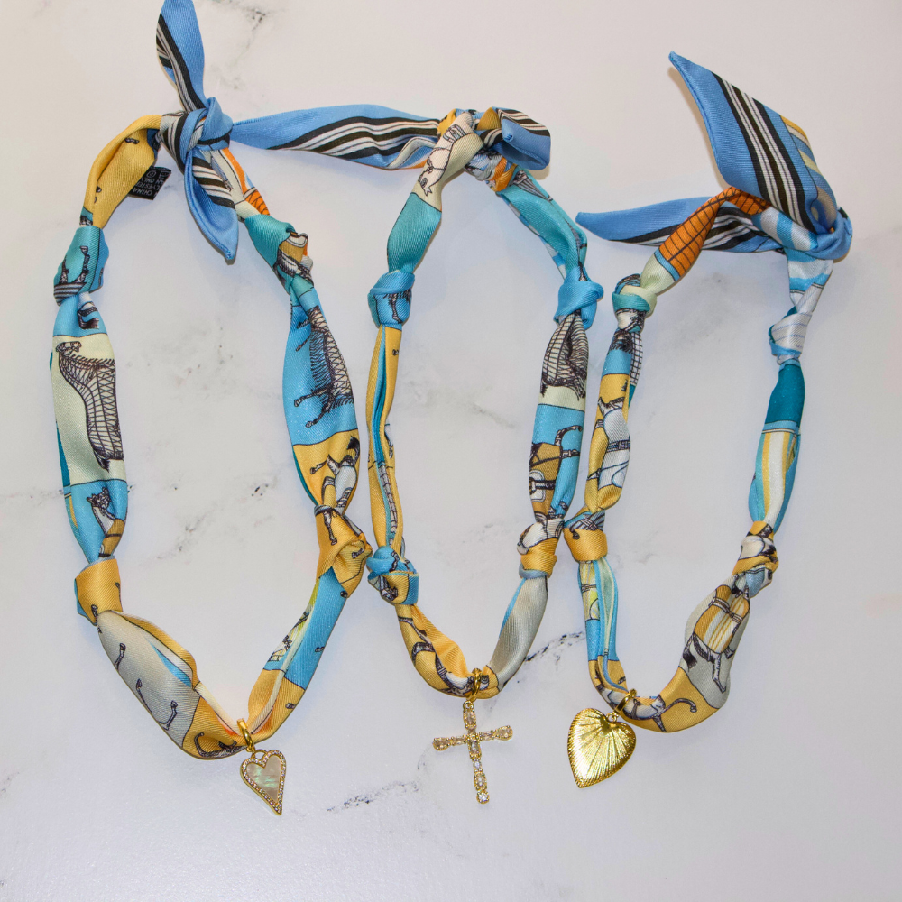 Blue Horse Pattern Cross Charm Scarf Necklace