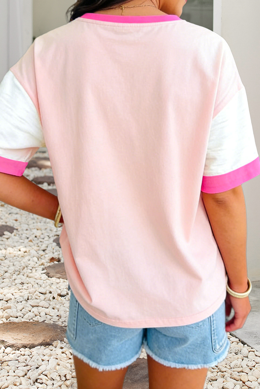 Pink Bow Colorblock Round Neck Blouse
