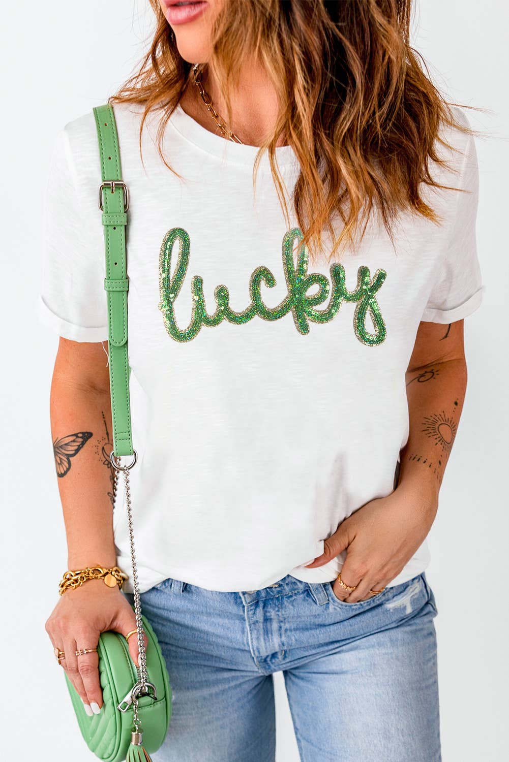 Sequined Lucky St.Patricks Day Graphic Tee