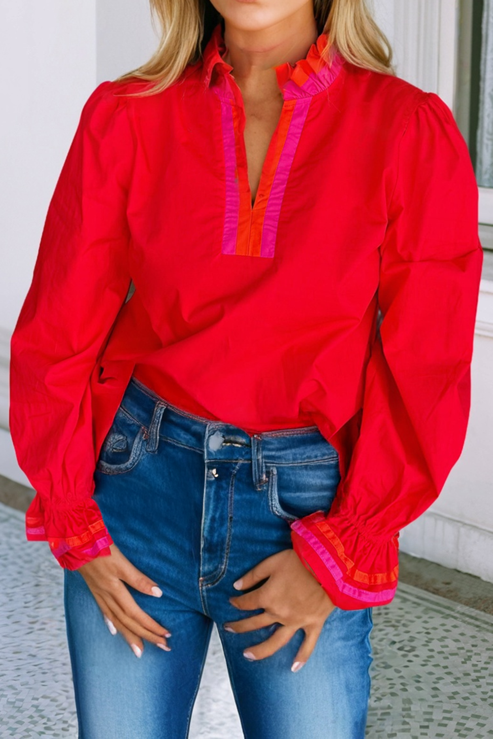 Red Ruffle Trim Blouse